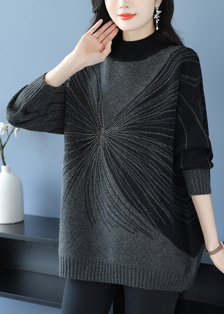 Black Turtleneck Zircon Thick Knit Sweaters Fall