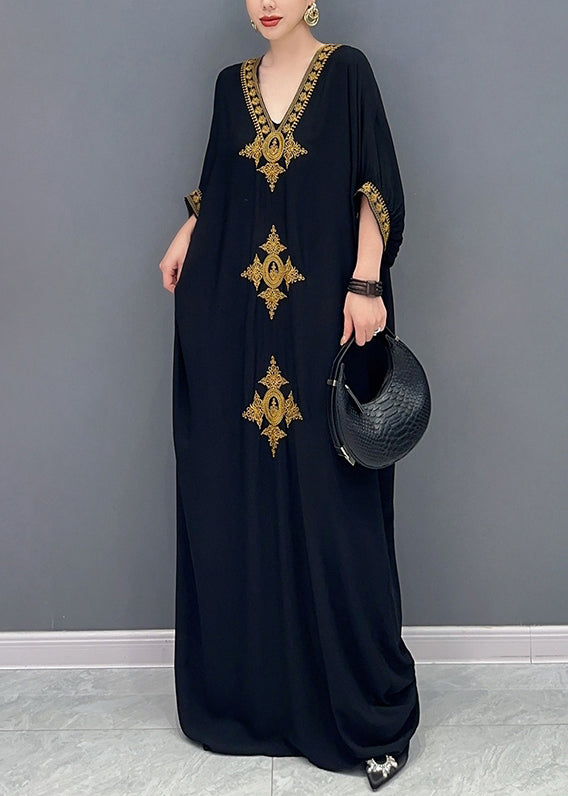 Black V Neck Embroidered Cotton Maxi Dress Batwing Sleeve