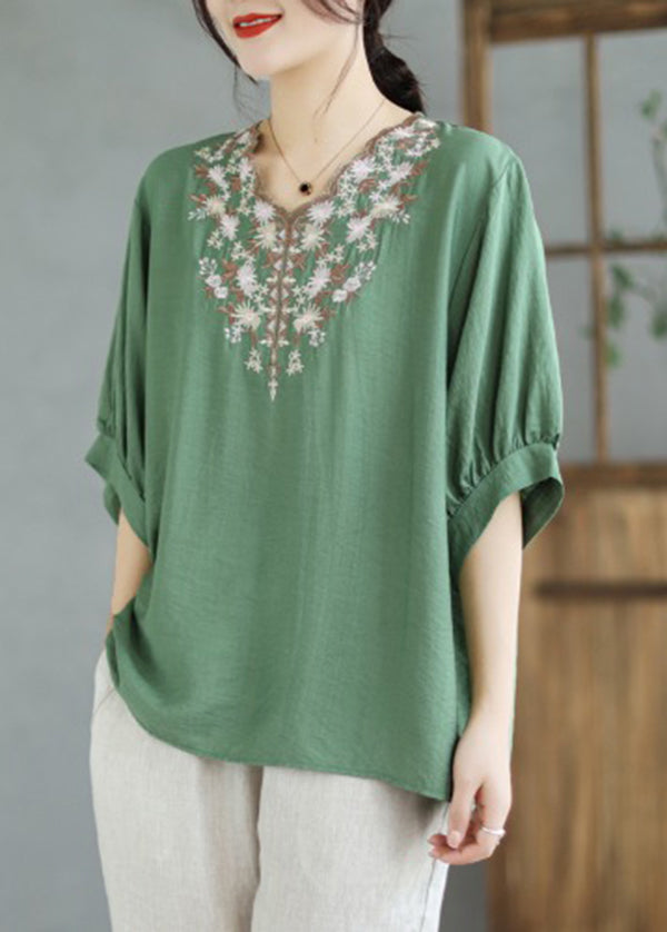Black V Neck Embroideried Cotton Blouses Summer