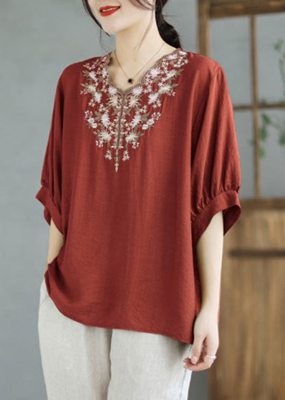 Black V Neck Embroideried Cotton Blouses Summer