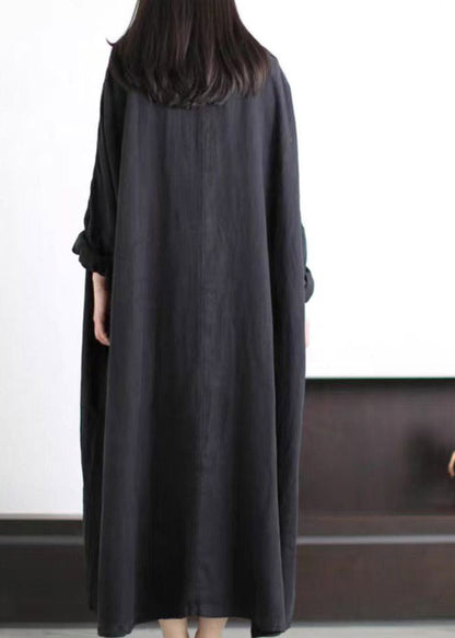 Black V Neck Embroideried Linen Dress Long Sleeve