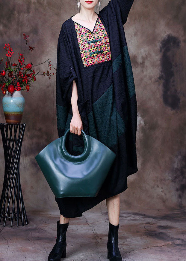 Black V Neck Embroideried Patchwork Wrinkled Silk Dresses Long Sleeve