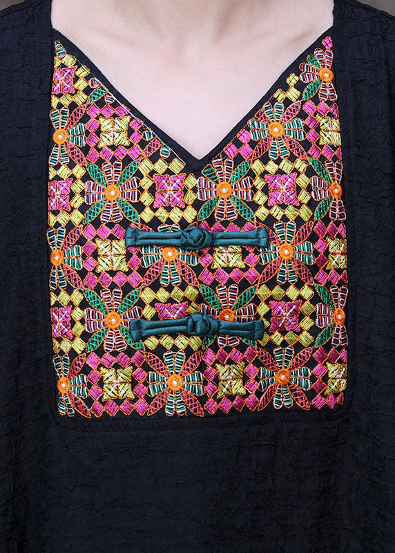 Black V Neck Embroideried Patchwork Wrinkled Silk Dresses Long Sleeve