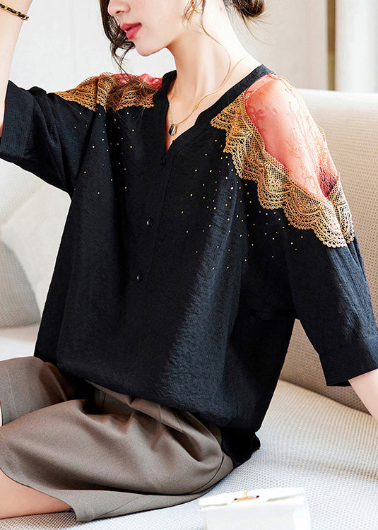 Black V Neck Lace Patchwork Tops Spring