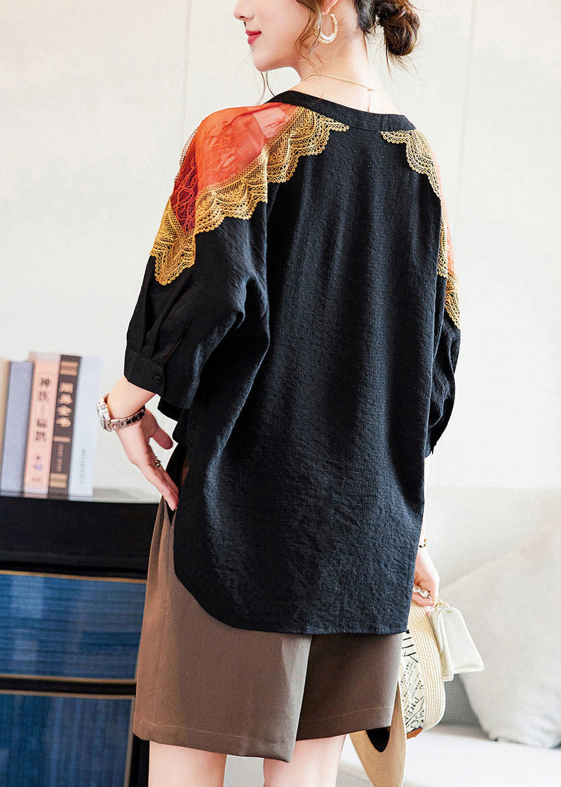 Black V Neck Lace Patchwork Tops Spring