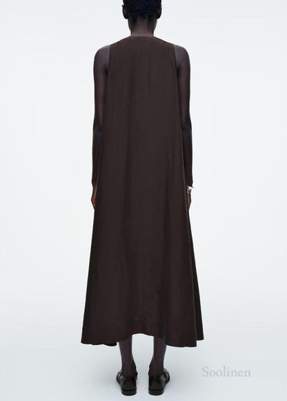 Black V Neck Linen Maxi Dresses Sleeveless