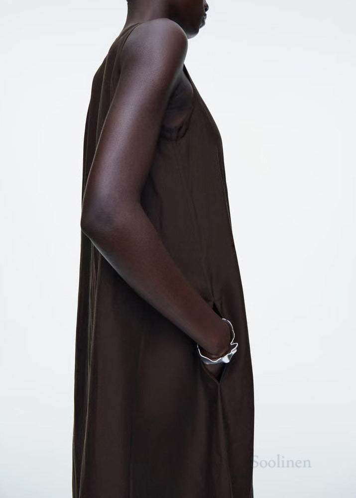 Black V Neck Linen Maxi Dresses Sleeveless