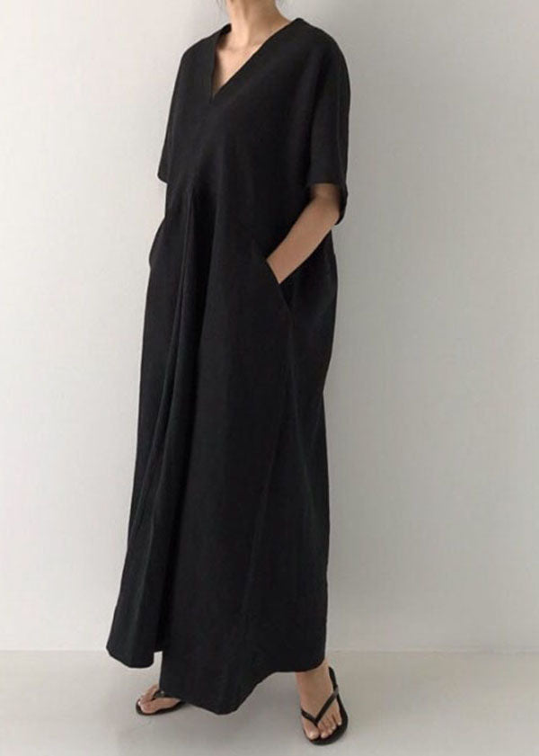 Black V Neck Oversized Linen Long Dress Short Sleeve