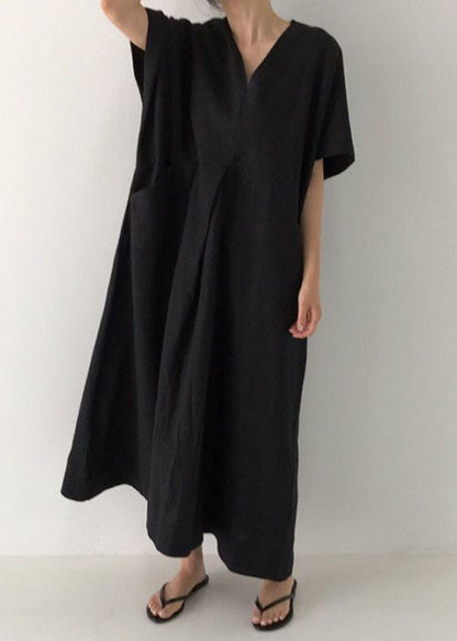 Black V Neck Oversized Linen Long Dress Short Sleeve