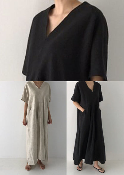 Black V Neck Oversized Linen Long Dress Short Sleeve