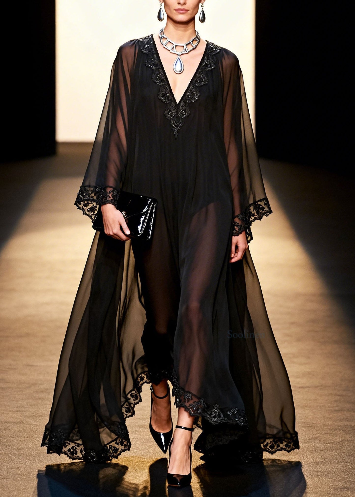 Black V Neck Patchwork Chiffon Holiday Dress Spring