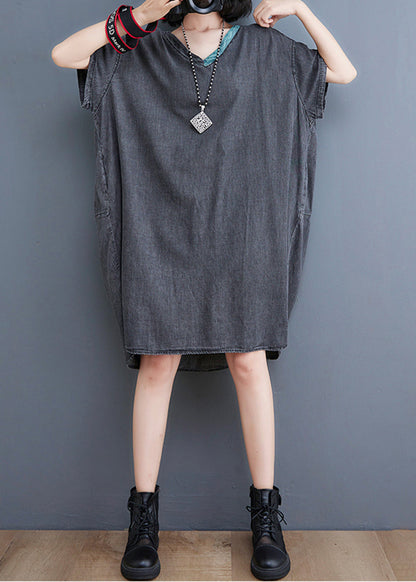 Black V Neck Patchwork Denim Dresses Summer