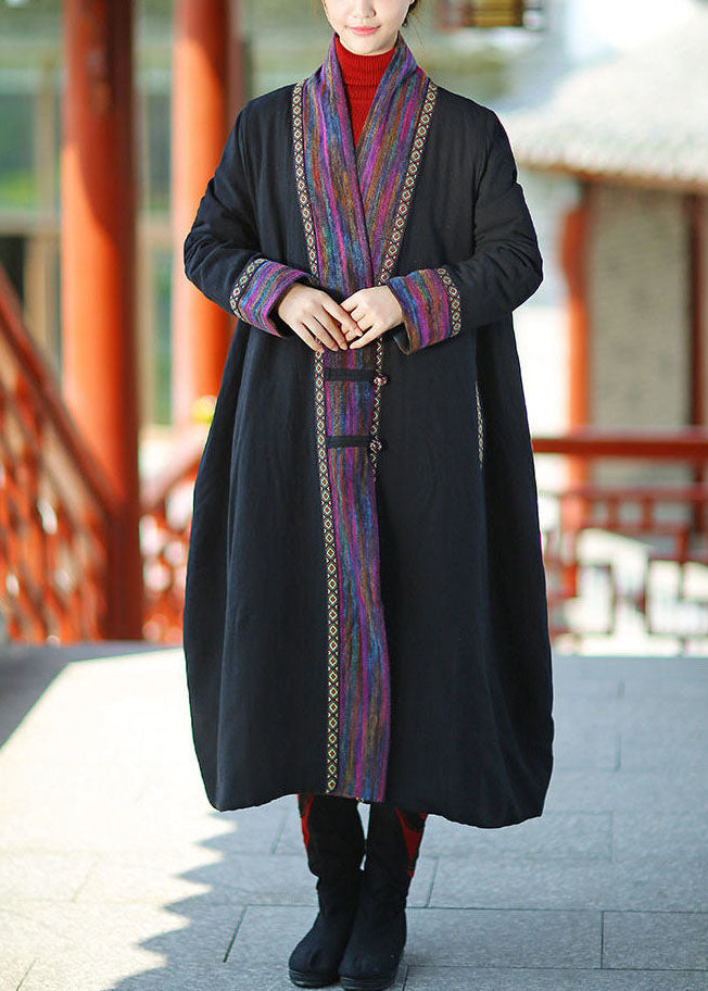 Black V Neck Patchwork Fine Cotton Filled Long Coats Winter