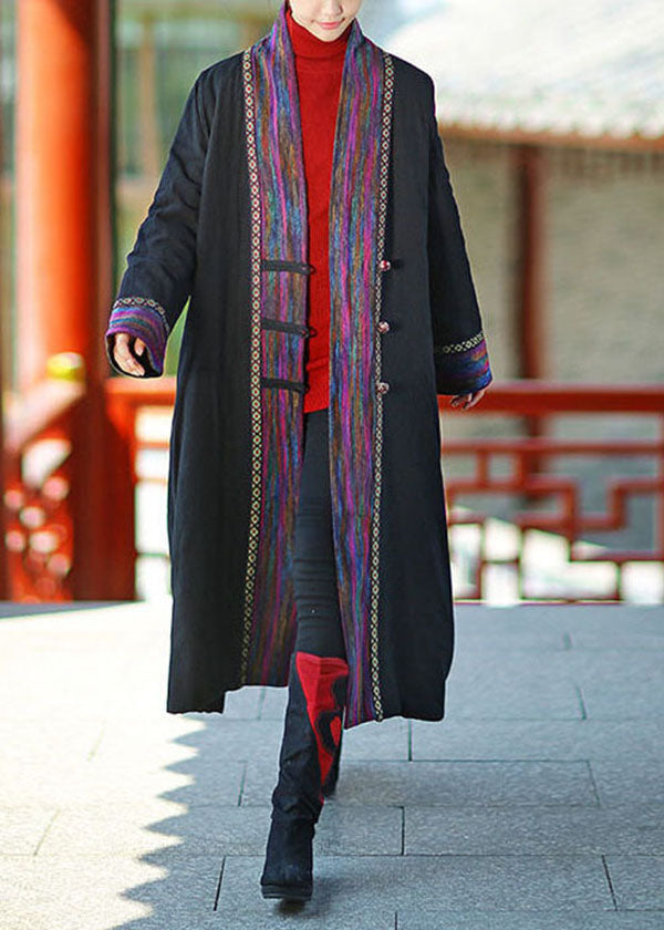 Black V Neck Patchwork Fine Cotton Filled Long Coats Winter