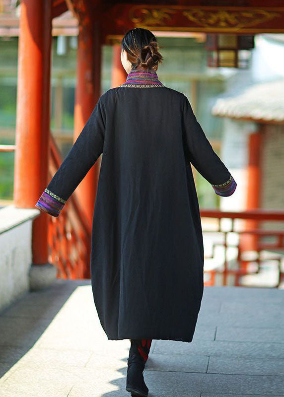 Black V Neck Patchwork Fine Cotton Filled Long Coats Winter