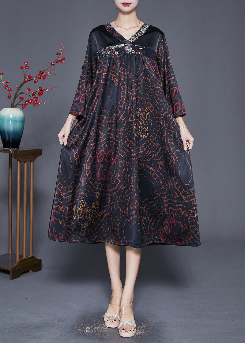 Black V Neck Patchwork Print Silk Dress Fall