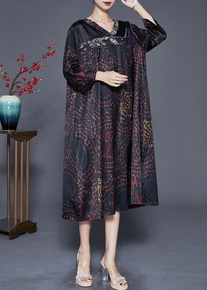 Black V Neck Patchwork Print Silk Dress Fall