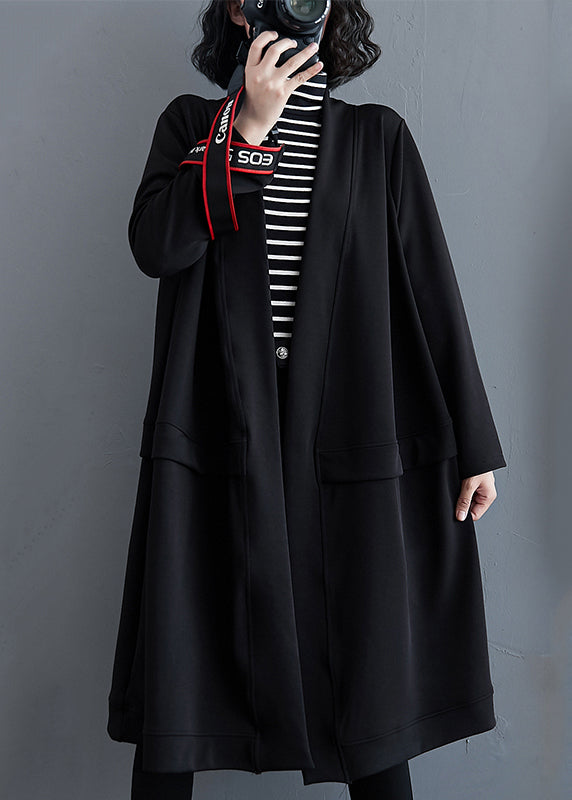 Black V Neck Pockets Cotton Trench Coat Fall