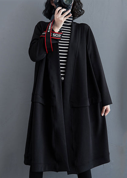 Black V Neck Pockets Cotton Trench Coat Fall