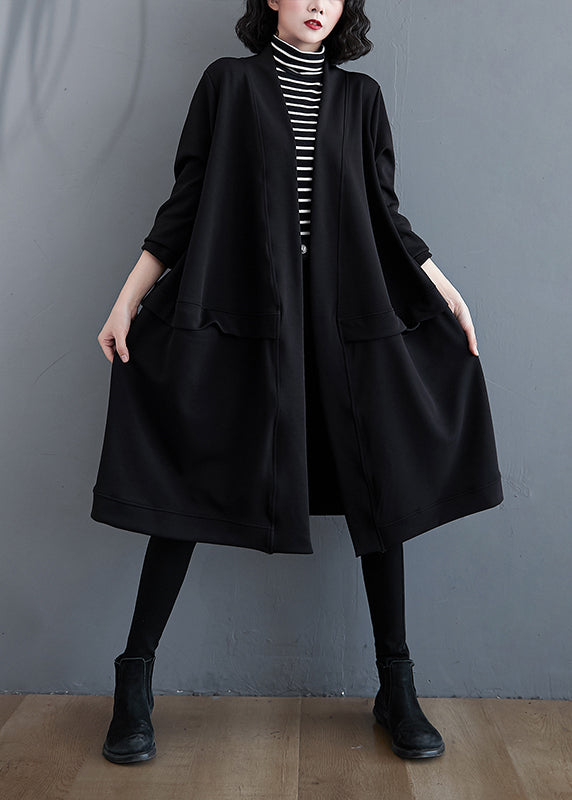 Black V Neck Pockets Cotton Trench Coat Fall