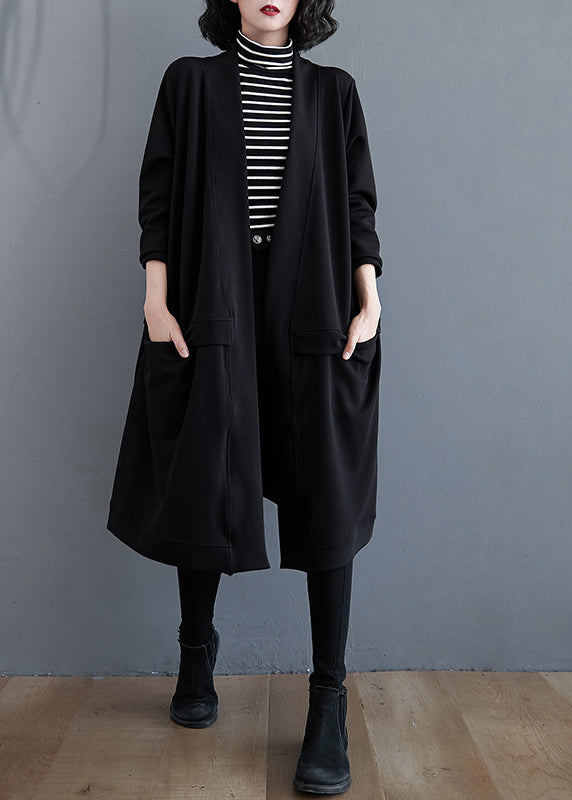 Black V Neck Pockets Cotton Trench Coat Fall