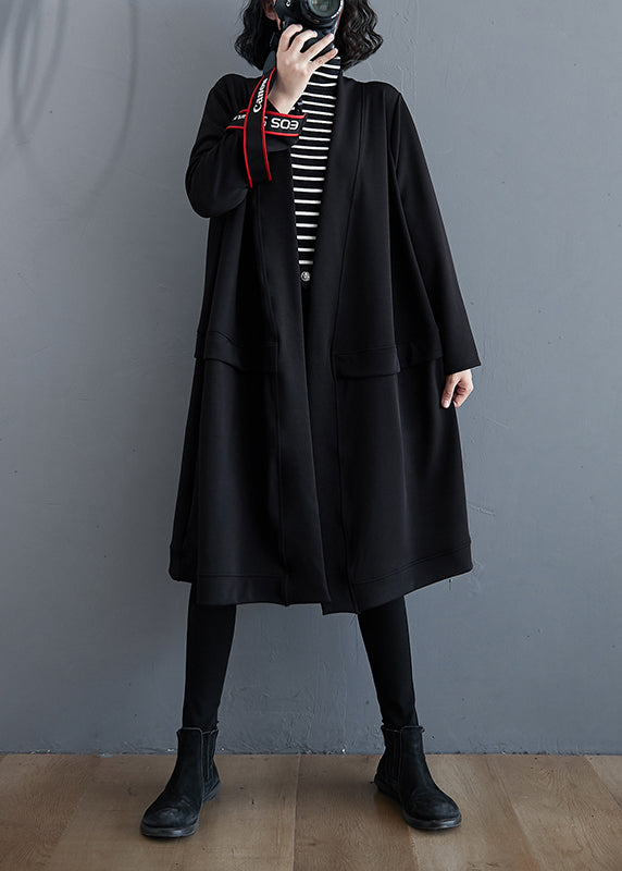 Black V Neck Pockets Cotton Trench Coat Fall