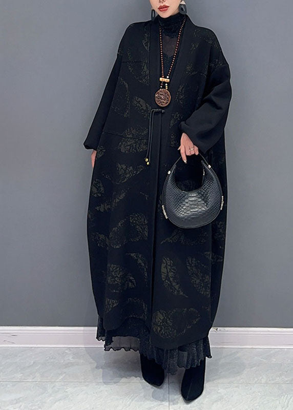 Black V Neck Print Button Maxi Coat Fall