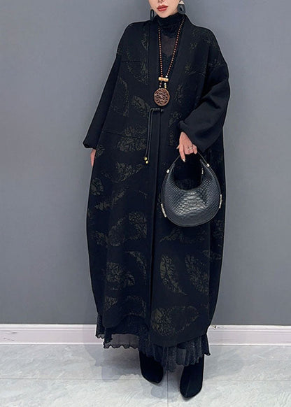 Black V Neck Print Button Maxi Coat Fall