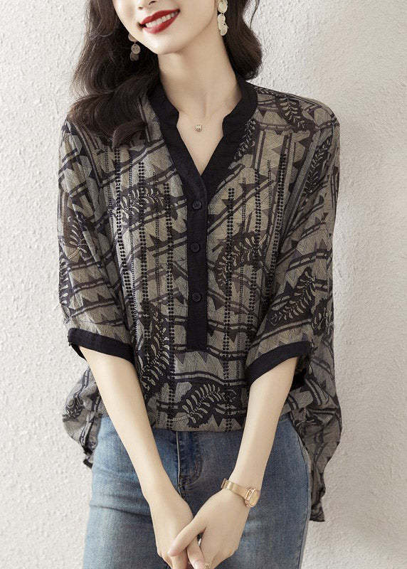 Yellow Cashew Nuts V Neck Print Button Silk Top Half Sleeve