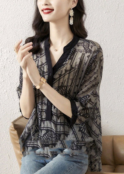 Yellow Cashew Nuts V Neck Print Button Silk Top Half Sleeve