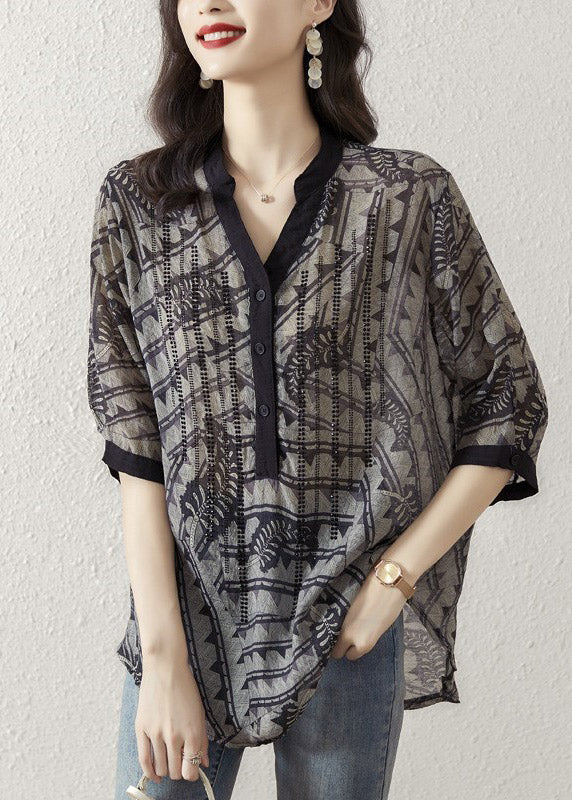 Yellow Cashew Nuts V Neck Print Button Silk Top Half Sleeve