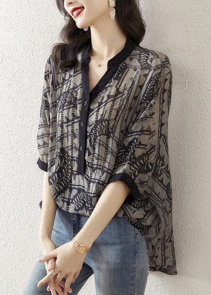 Yellow Cashew Nuts V Neck Print Button Silk Top Half Sleeve