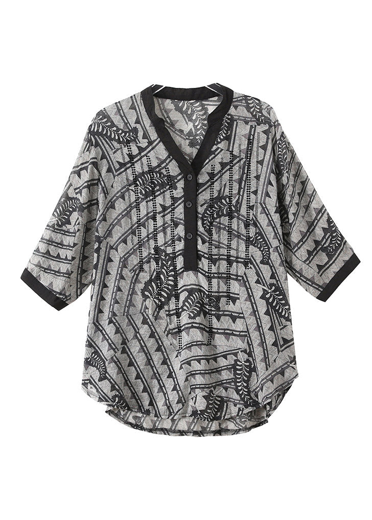 Black V Neck Print Button Silk Top Half Sleeve