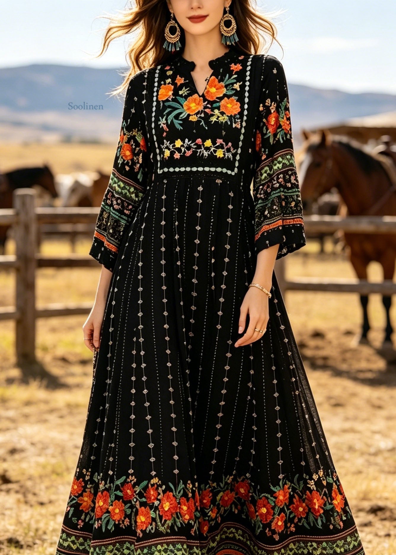 Black V Neck Print Cotton Long Dress Summer