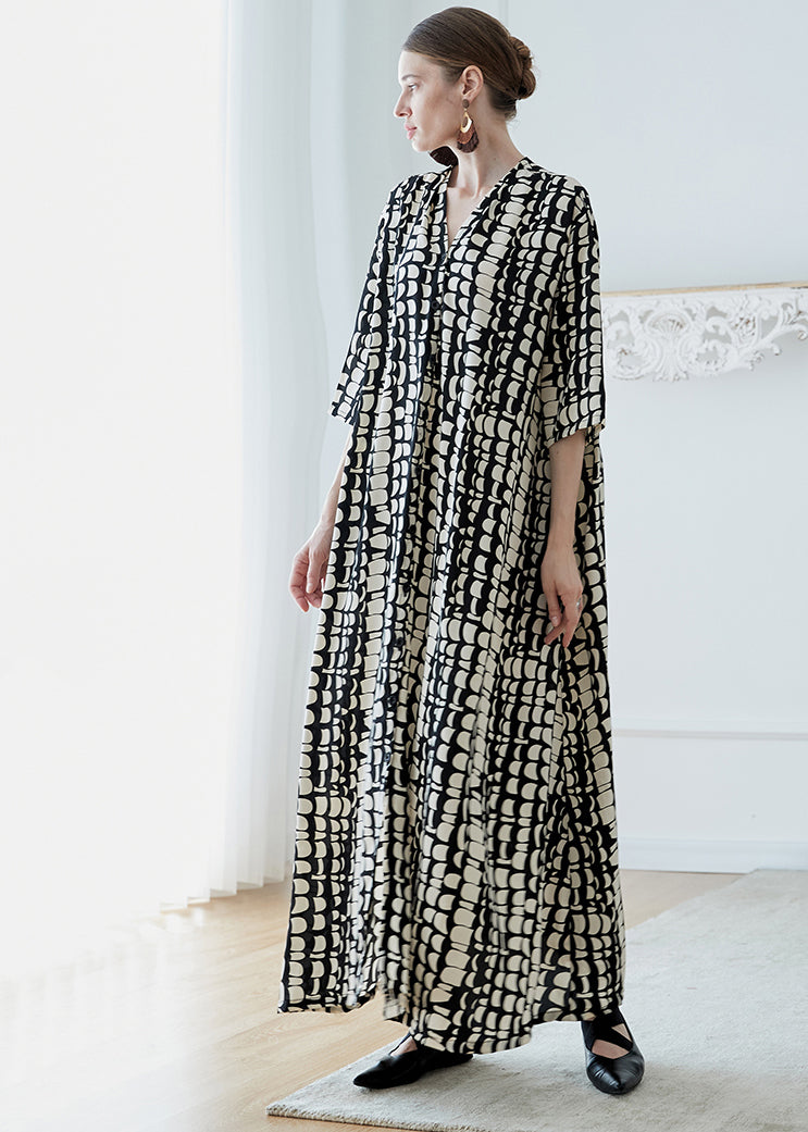 Black V Neck Print Pockets Chiffon Robe Dresses Summer