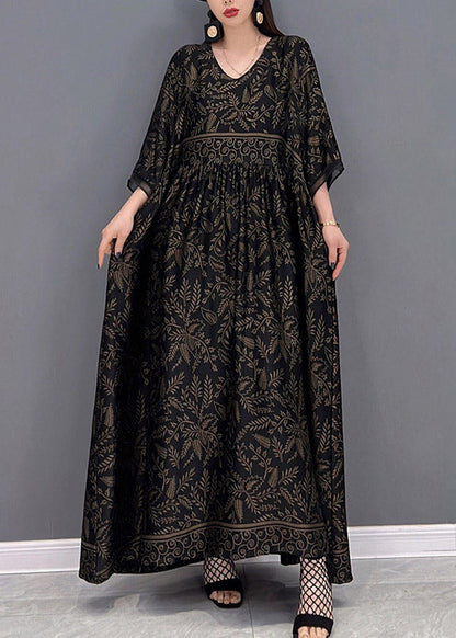Black V Neck Print Silk Long Dress Short Sleeve
