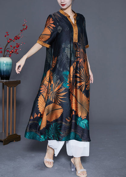 Black V Neck Print Silk Long Dress Summer