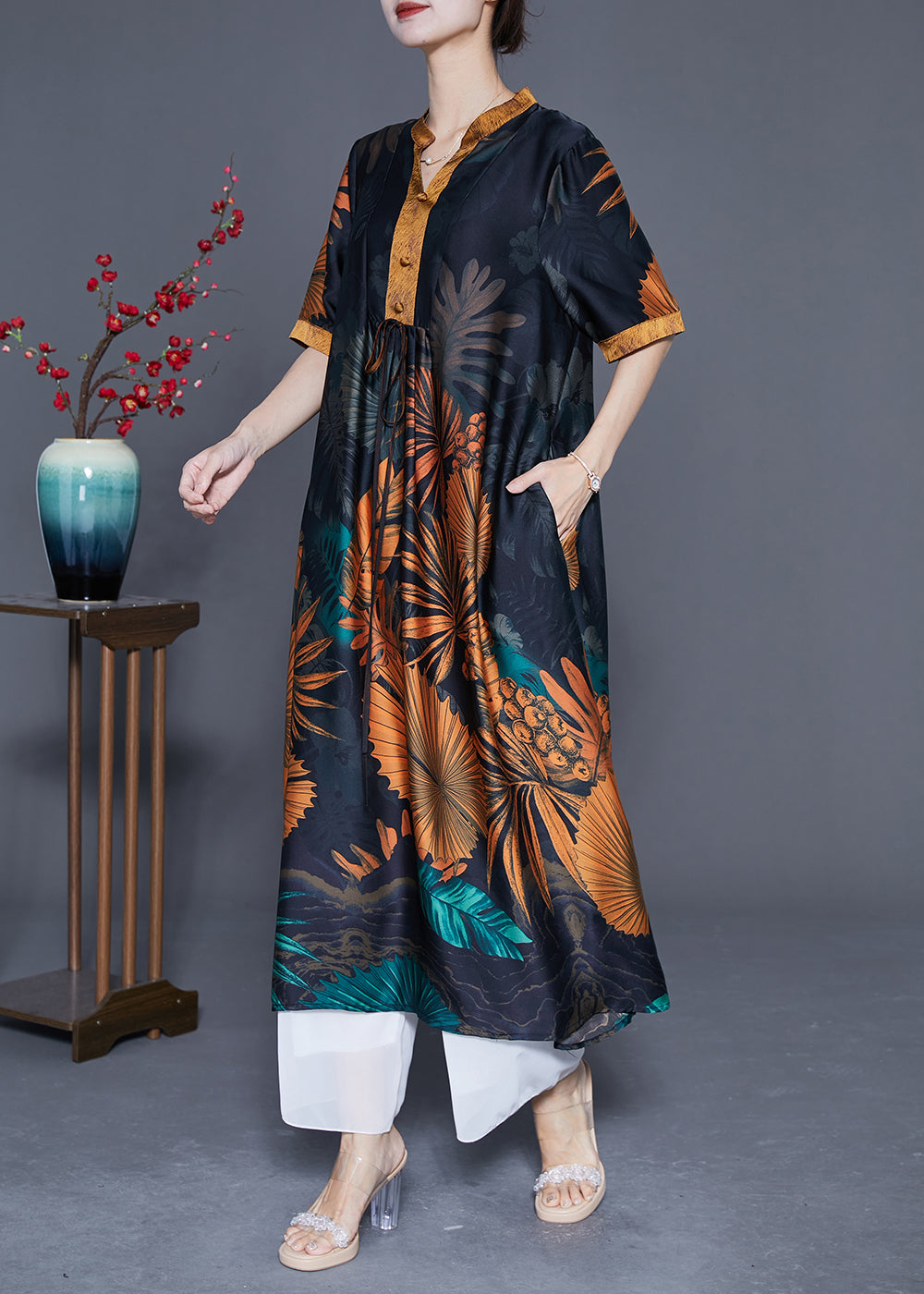 Black V Neck Print Silk Long Dress Summer