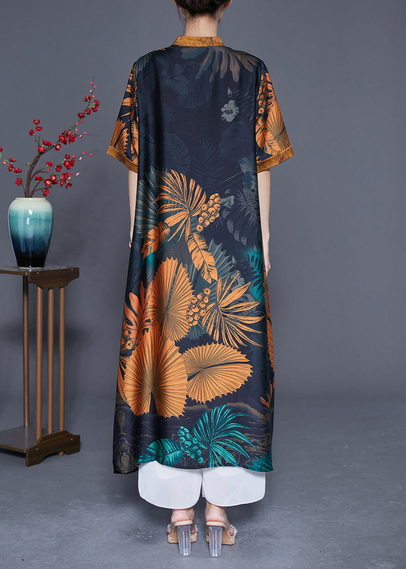 Black V Neck Print Silk Long Dress Summer