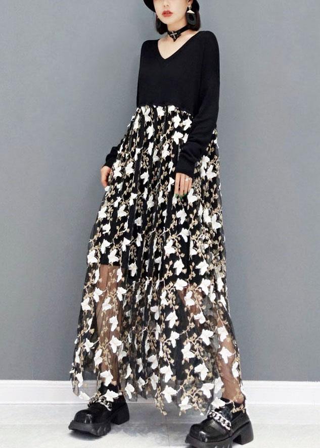 Black V Neck Print Vacation Dresses Fall Long Sleeve