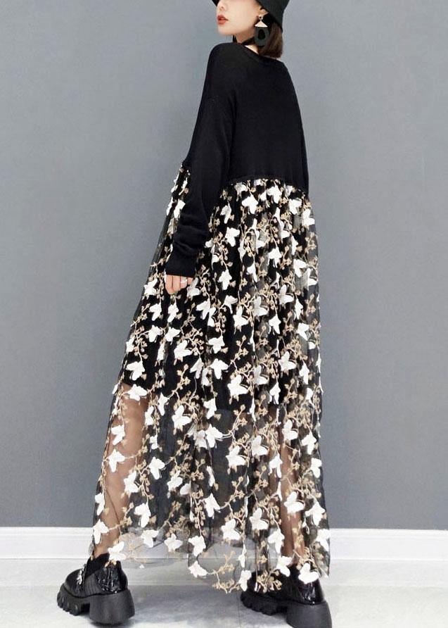 Black V Neck Print Vacation Dresses Fall Long Sleeve