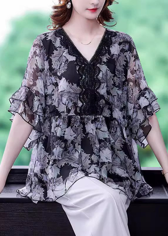 Black V Neck Ruffled Print Chiffon Shirt Half Sleeve