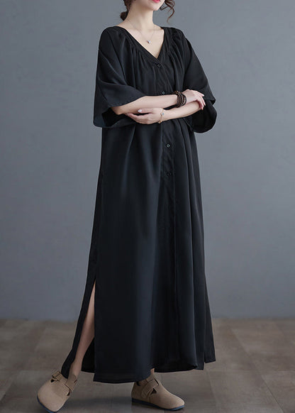 Black V Neck Wrinkled Maxi Dresses Summer