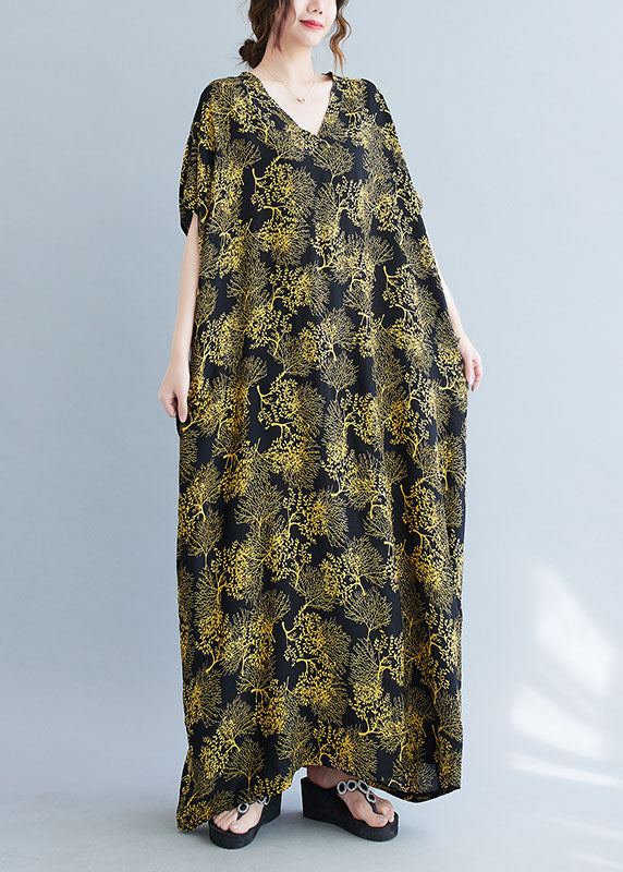 Black V Neck Yellow Print Cotton Vacation Dresses Caftan Batwing Sleeve