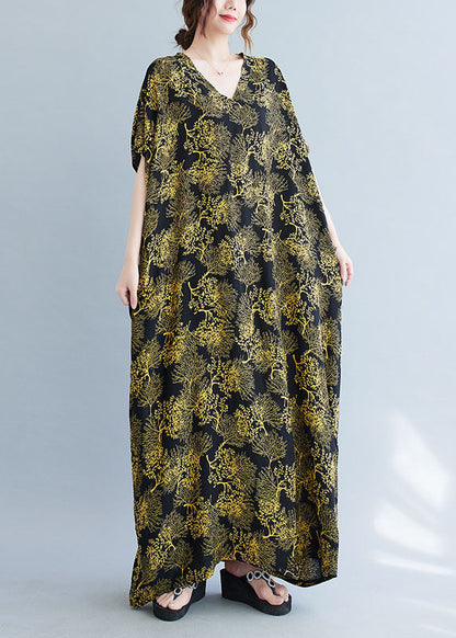 Black V Neck Yellow Print Cotton Vacation Dresses Caftan Batwing Sleeve