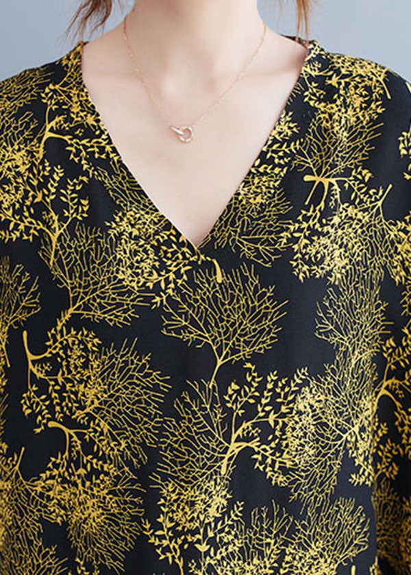 Black V Neck Yellow Print Cotton Vacation Dresses Caftan Batwing Sleeve