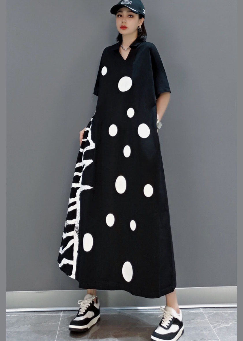 Black V Neck Dot a Line Skirts Half Sleeve
