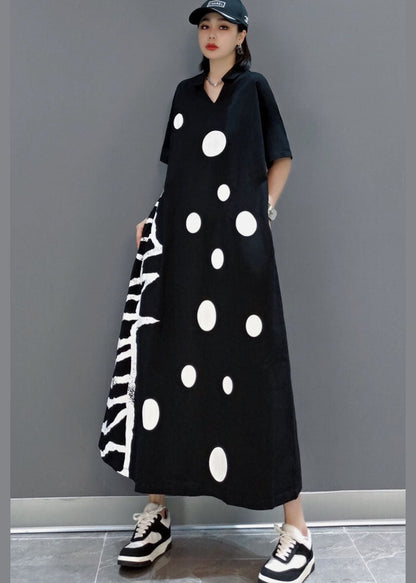 Black V Neck Dot a Line Skirts Half Sleeve
