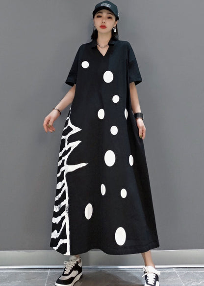 Black V Neck Dot a Line Skirts Half Sleeve