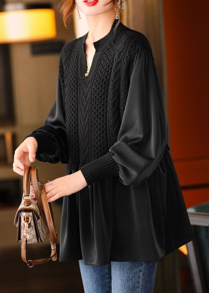 Black V Neck Knit Shirt Winter